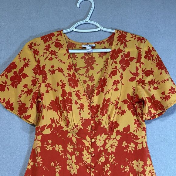 Orange Yellow Floral Dress womens XS Button Front V-Neck Cowgirl Cottage Core - Picture 3 of 7